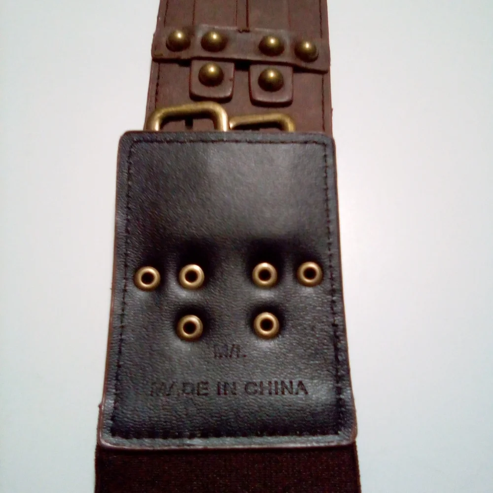 Belt Women Brown Boho Western Faux Leather Double Buckle Brass Studs Stretch M/L